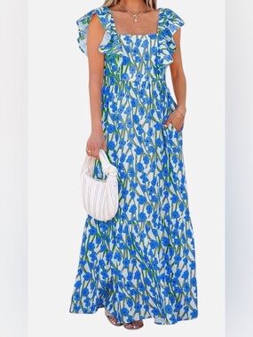 Little Daisy Closet Blue Floral Maxi Dress XL Square Neck Ruffle Straps Boho
